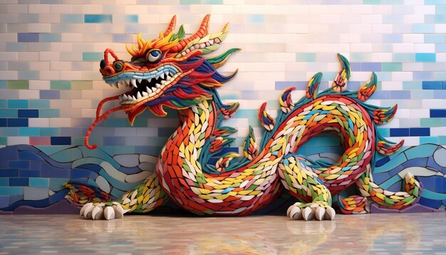 Un dessin 3D représentant un dragon chinois fait de carreaux de mosaïque colorés