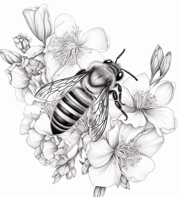 Photo un dessin d'une abeille avec des fleurs et une abeille sur elle