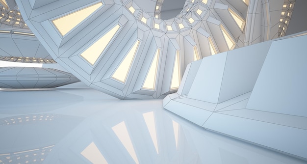 Dessin abstrait arrière-plan architectural Intérieur blanc avec disques et éclairage au néon 3D