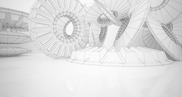 Dessin abstrait arrière-plan architectural Intérieur blanc avec disques et éclairage au néon 3D