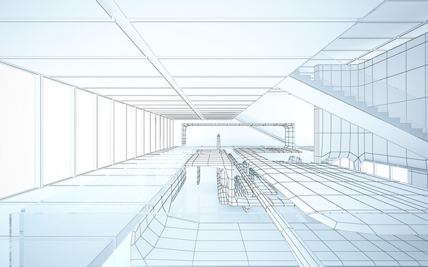 Photo dessin abstrait espace public intérieur blanc à plusieurs niveaux avec fenêtre. illustration et rendu 3d.