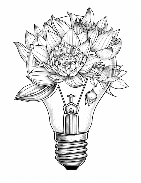 un dessin d'une ampoule avec une fleur à l'intérieur