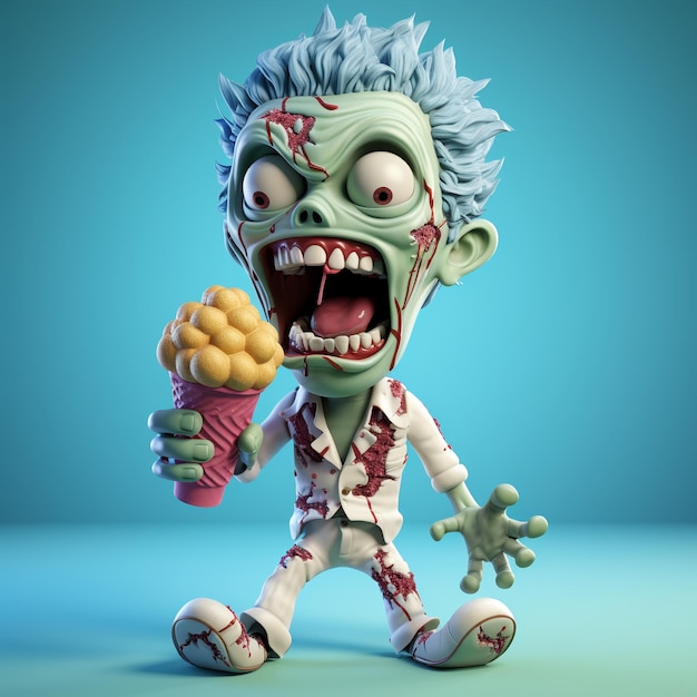 Un dessin animé 3D de chibi zombie en train de profiter de la crème glacée, la mascotte des morts-vivants de l'été.