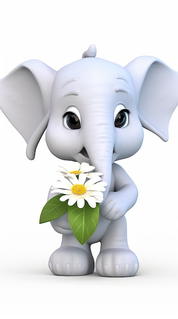 Un dessin animé 3D d'un éléphant mignon tenant des fleurs