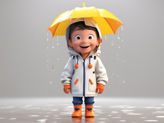 Dessin animé 3D Enfant drôle avec fond blanc de vêtements de pluie