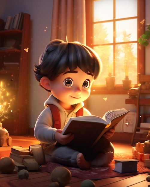 dessin animé 3d d'un enfant lisant un monde de livre