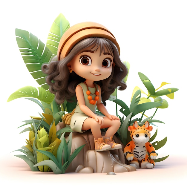 Dessin animé 3D d'une fille jouant dans la jungle isolée sur blanc