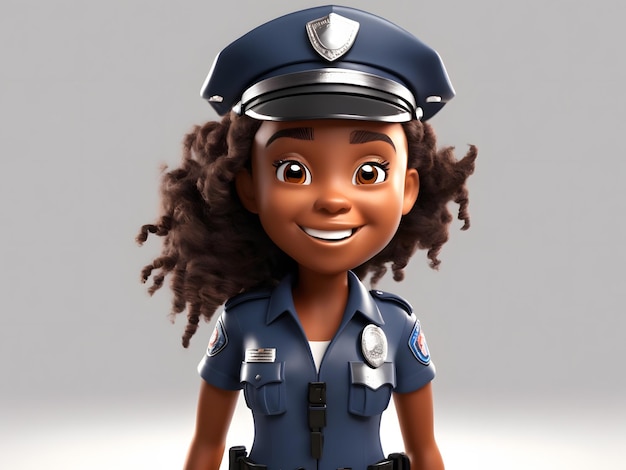 Dessin animé 3D d'une fille de police afro-américaine isolée sur fond blanc