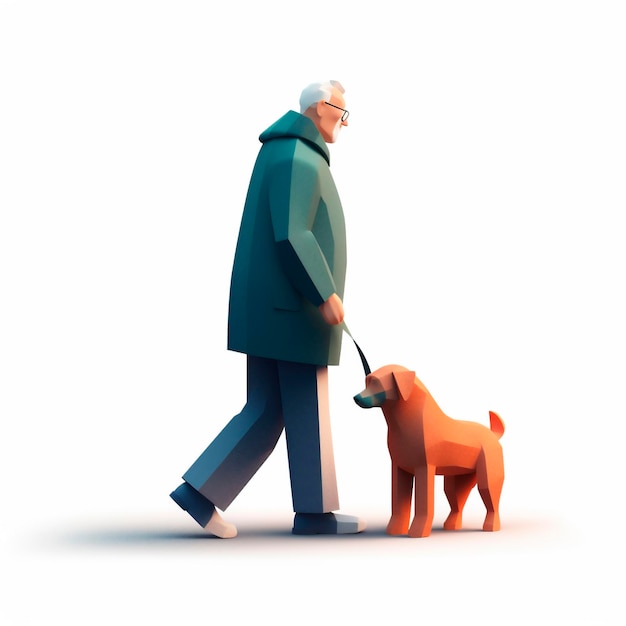 Dessin animé 3D illustration stylisée d'un homme âgé marchant avec un chien-guide généré par l'IA