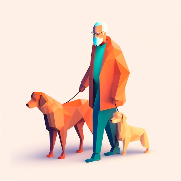 Dessin animé 3D illustration stylisée d'un homme âgé marchant avec un chien-guide généré par l'IA