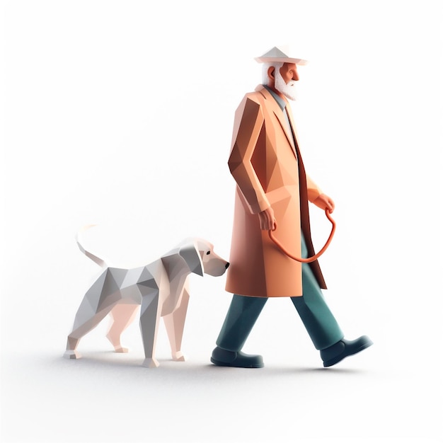 Dessin animé 3D illustration stylisée d'un homme âgé marchant avec un chien-guide généré par l'IA