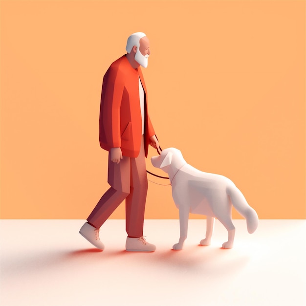 Dessin animé 3D illustration stylisée d'un homme âgé marchant avec un chien-guide généré par l'IA