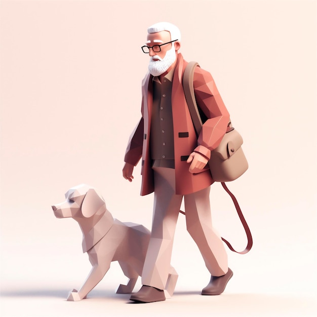 Dessin animé 3D illustration stylisée d'un homme âgé marchant avec un chien-guide généré par l'IA