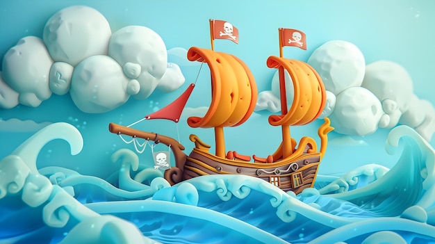 Photo un dessin animé 3d ludique d'un navire pirate sur des mers ondulées adapté au contenu sur le thème de l'aventure