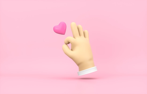 Dessin animé 3D main ok avec mini icône de coeur sur fond isolé rose.