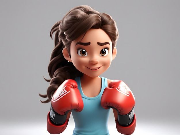 Photo dessin animé 3d d'une toon girl dans des gants de boxe avec un fond blanc