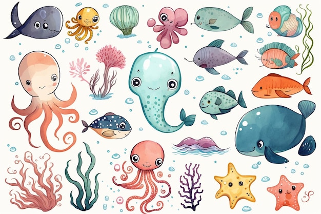 Dessin animé animaux marins et poissons dans l'océan ai génératif