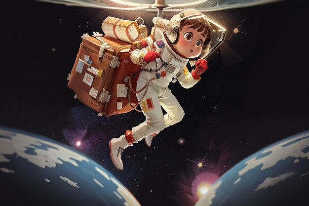 Dessin Animé Anime Espace Voyageant Astronaute Flottant Sans Gravité Fond D'écran Illustration