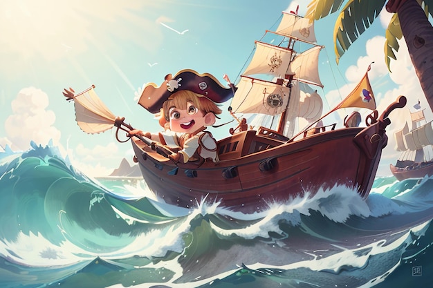 Dessin animé anime personnage image pirate garçon naviguant sur d'énormes vagues fond d'écran illustration de fond