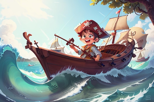 Dessin animé anime personnage image pirate garçon naviguant sur d'énormes vagues fond d'écran illustration de fond