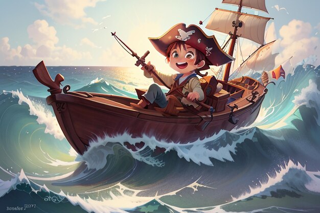 Dessin animé anime personnage image pirate garçon naviguant sur d'énormes vagues fond d'écran illustration de fond