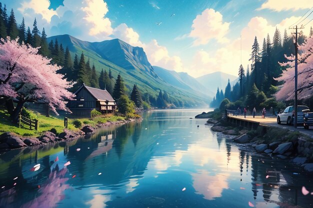 Dessin animé anime style village rivière montagne arbre nature paysage fond d'écran illustration fond