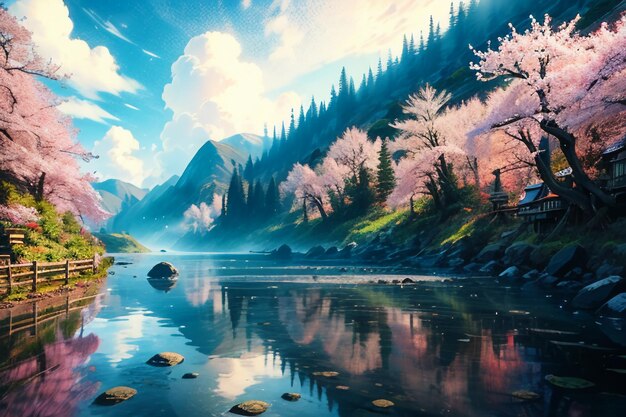 Dessin animé anime style village rivière montagne arbre nature paysage fond d'écran illustration fond