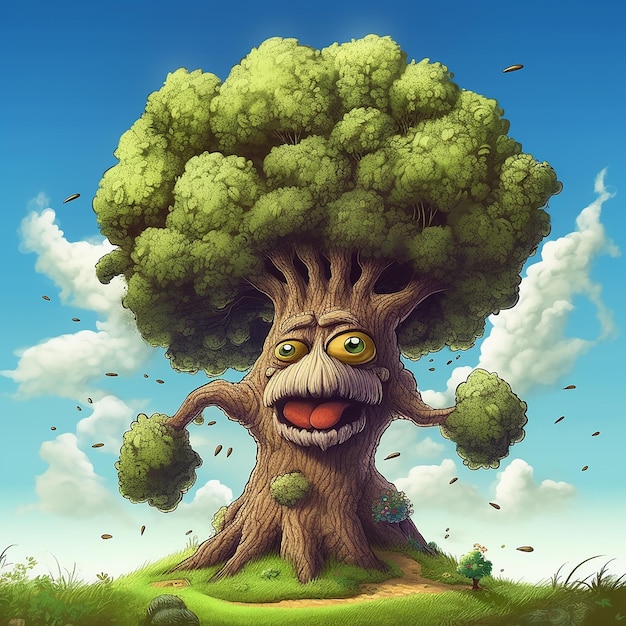 Un dessin animé d'un arbre avec un visage et un visage qui dit le mot dessus