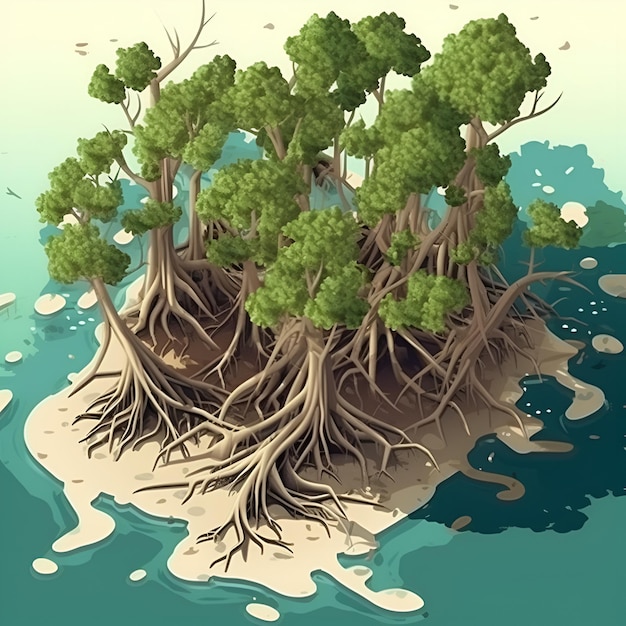 Un dessin animé d'arbres sur une petite île