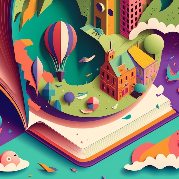 Dessin animé au design plat Illustration de la Journée mondiale du livre Livre ouvert avec des histoires sortant des pages générées par l'IA
