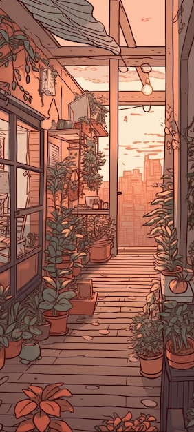 Un dessin animé d'un balcon avec des plantes dessus