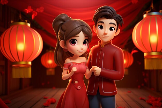 dessin animé beau couple chinois tenant