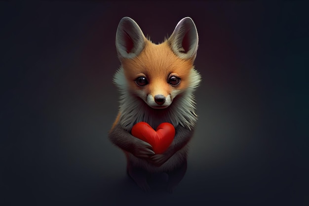 Dessin animé beau renard avec concept de coeur rouge joyeuse Saint-Valentin IA générative