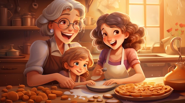 dessin animé Bonne petite fille grand-mère cuisinant ensemble des biscuits de pain d'épice de Noël traditionnels Photo de haute qualité