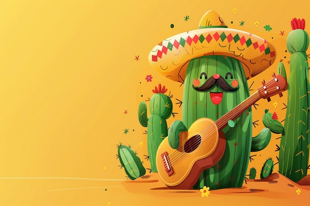 un dessin animé de cactus avec une guitare et un cactus