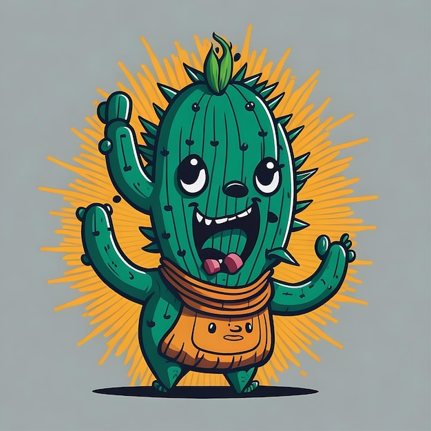 dessin animé cactus heureux mascotte agitant la main