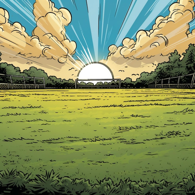 Photo un dessin animé d'un champ avec un soleil et des nuages en arrière-plan.