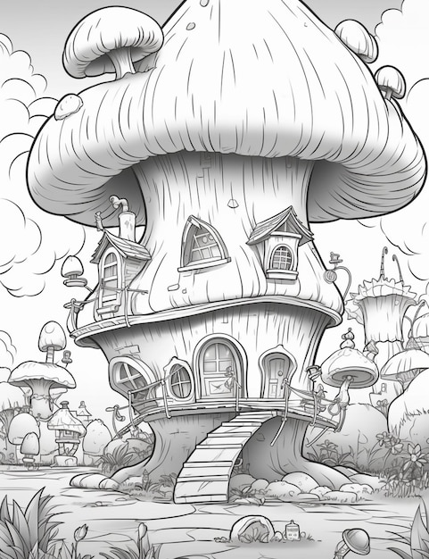 Un dessin animé d'une champignonnière avec un escalier qui y monte ai génératif