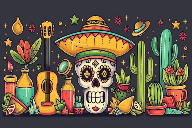 un dessin animé d'un chapeau mexicain et d'un cactus