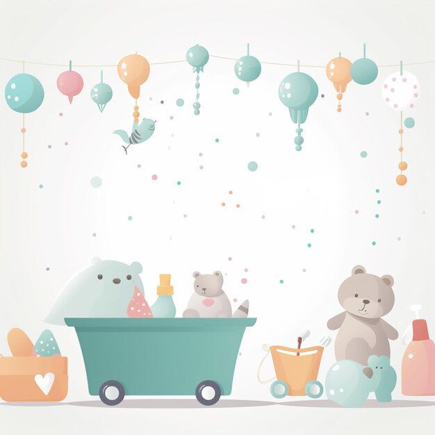 Un dessin animé d'un chariot bleu avec un ours et un ours en peluche.