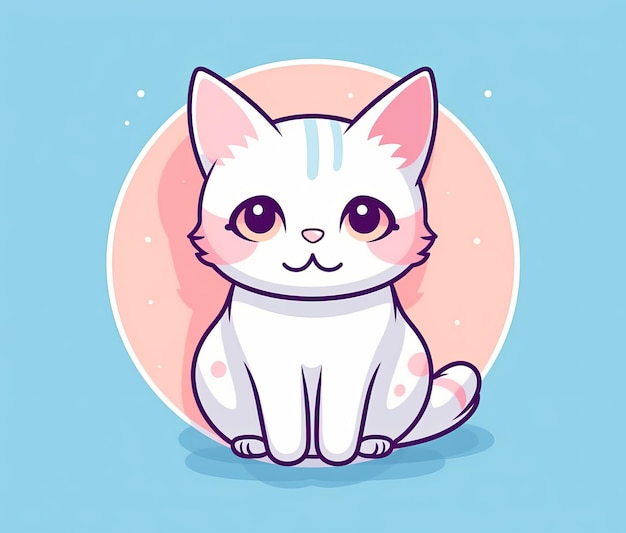 Un dessin animé d'un chat blanc aux yeux bleus se trouve dans un cercle rose.