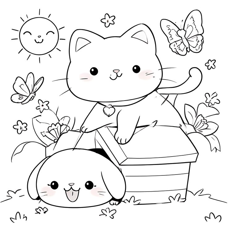 Photo un dessin animé d'un chat et d'une boîte avec des papillons dessus