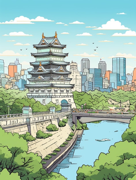 un dessin animé d'un château japonais dans une ville ai génératif