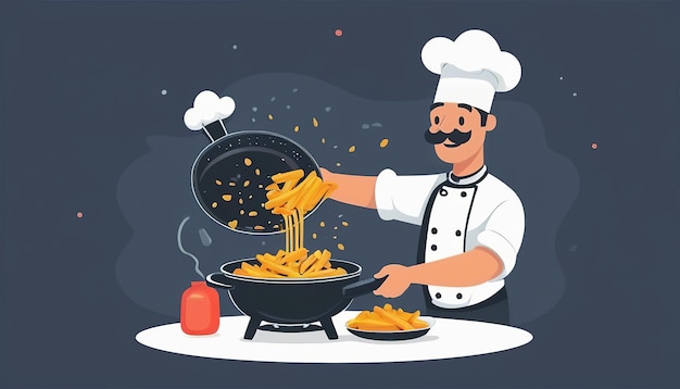 un dessin animé d'un chef cuisinant avec un pot de pâtes