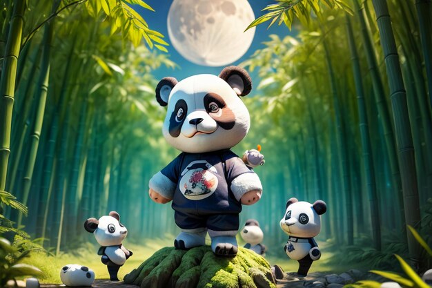 Photo dessin animé chinois trésor national panda jouant dans la forêt de bambous anime rendu 3d papier peint