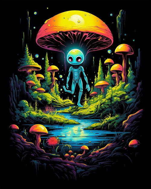 Dessin animé coloré Alien marchant dans un bois enchanté avec une ville belle illustration fond