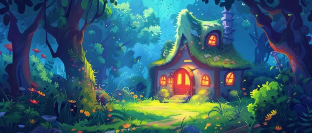 Ce dessin animé de conte de fées paysage de bois d'été représente une petite maison avec des portes, des fenêtres et une lanterne dans la forêt avec des arbres verts et des fleurs de néon brillantes