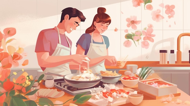Un dessin animé d'un couple cuisinant dans une cuisine