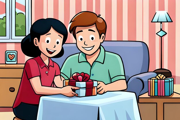 Un dessin animé d'un couple donnant un cadeau à un homme.