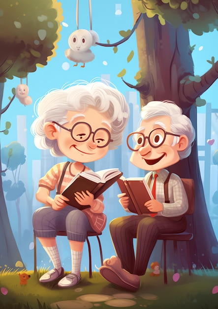 Un dessin animé d'un couple lisant des livres dans un parc